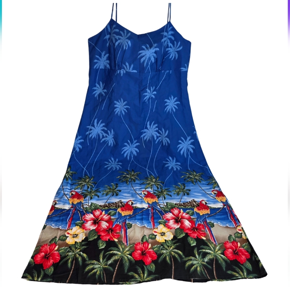 Lava Hut 2X Hawaiian Maxi Dress Parrot Floral Made In Hawaii Blue Red AR-1576
